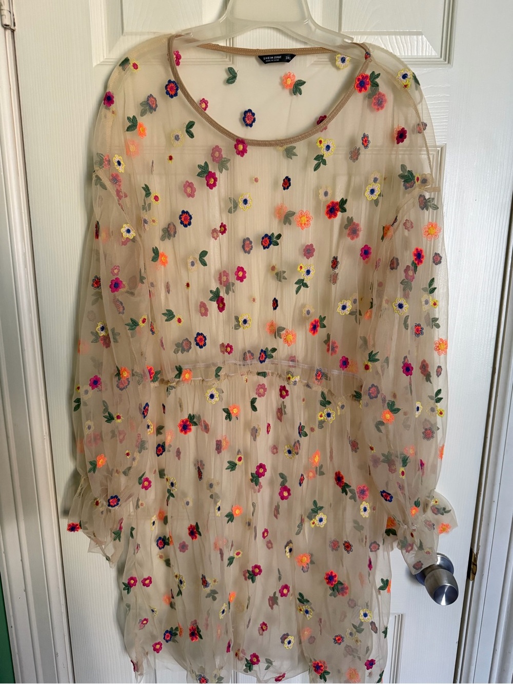 Beige Floral Embroidered Tulle Dress - 3X